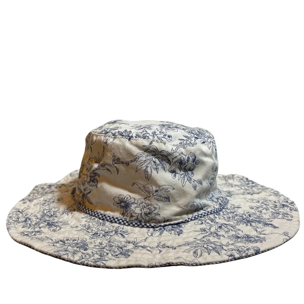 Scala Gal Dorfman Pacific Reversible Sun Hat Blue Floral Toile Gingham Wide Brim